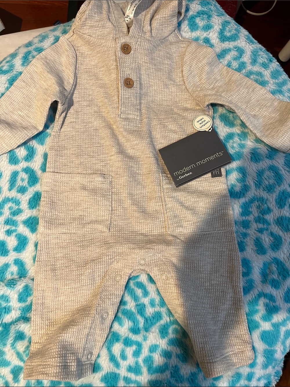 Gerber Beige Waffle Knit Hooded Baby Romper new